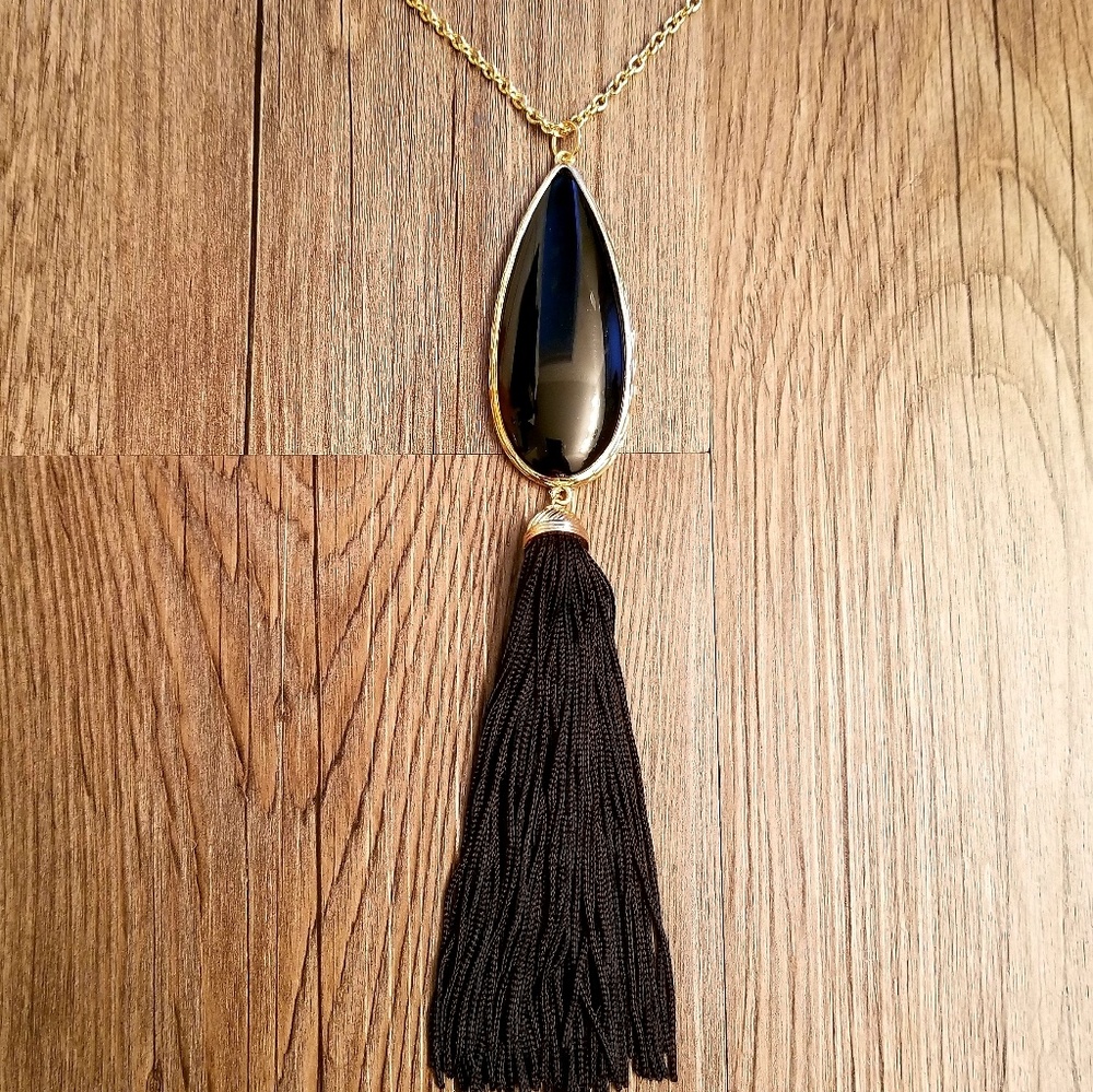Black Stone & Tassle Necklace- Costume